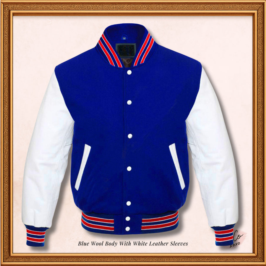 Blue Wool Genuine White Leather Sleeves Varsity Jacket - Red ribs