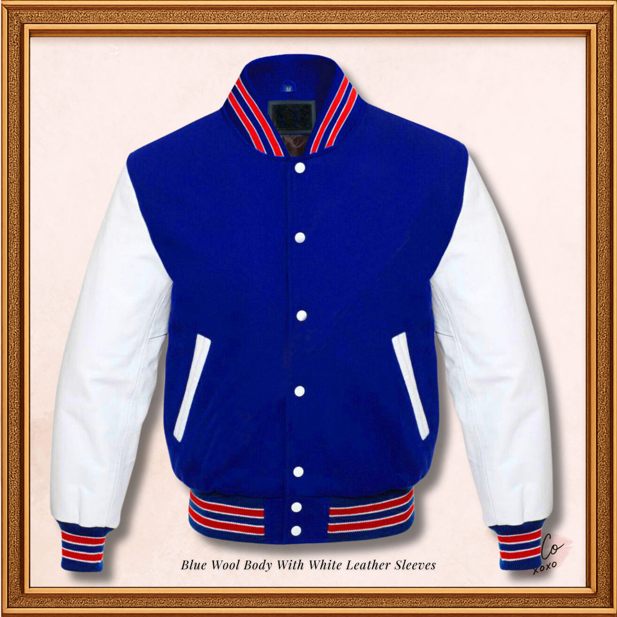 Blue Wool Genuine White Leather Sleeves Varsity Jacket - Red ribs