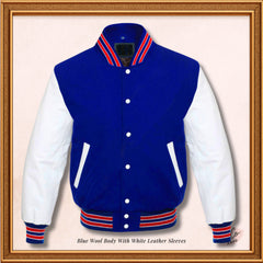 Blue Wool Genuine White Leather Sleeves Varsity Jacket - Red ribs