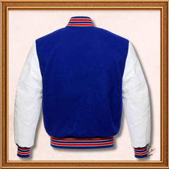 Blue Wool Genuine White Leather Sleeves Varsity Jacket - Red ribs