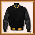 Black Wool and Genuine Black Leather Sleeves Varsity Jacket