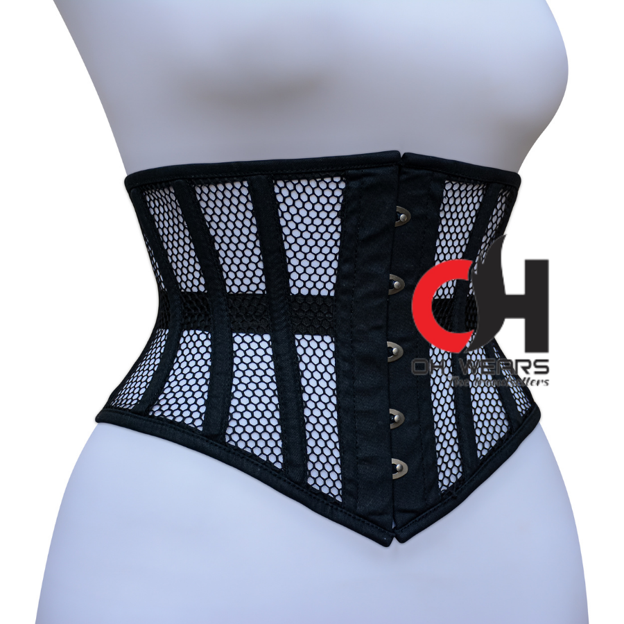 Black Cotton Black Mesh Underbust Corset - Steel Boned