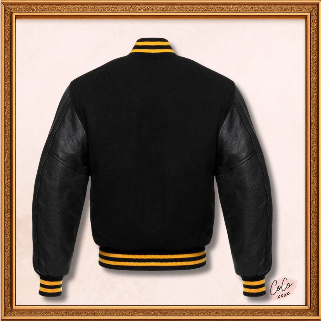 Black Wool and Genuine Black Leather Sleeves Varsity Jacket