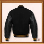 Black Wool and Genuine Black Leather Sleeves Varsity Jacket