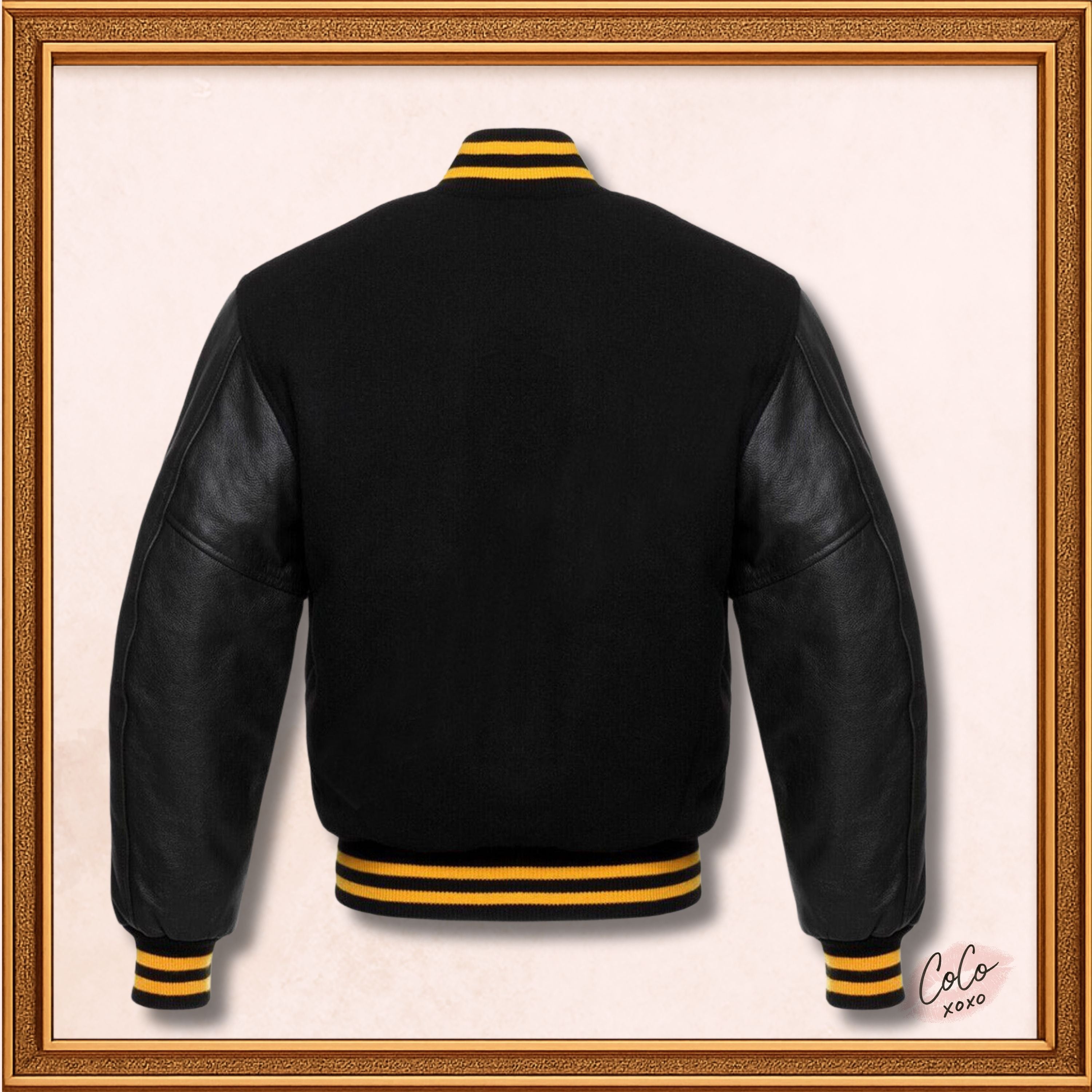 Black Wool and Genuine Black Leather Sleeves Varsity Jacket