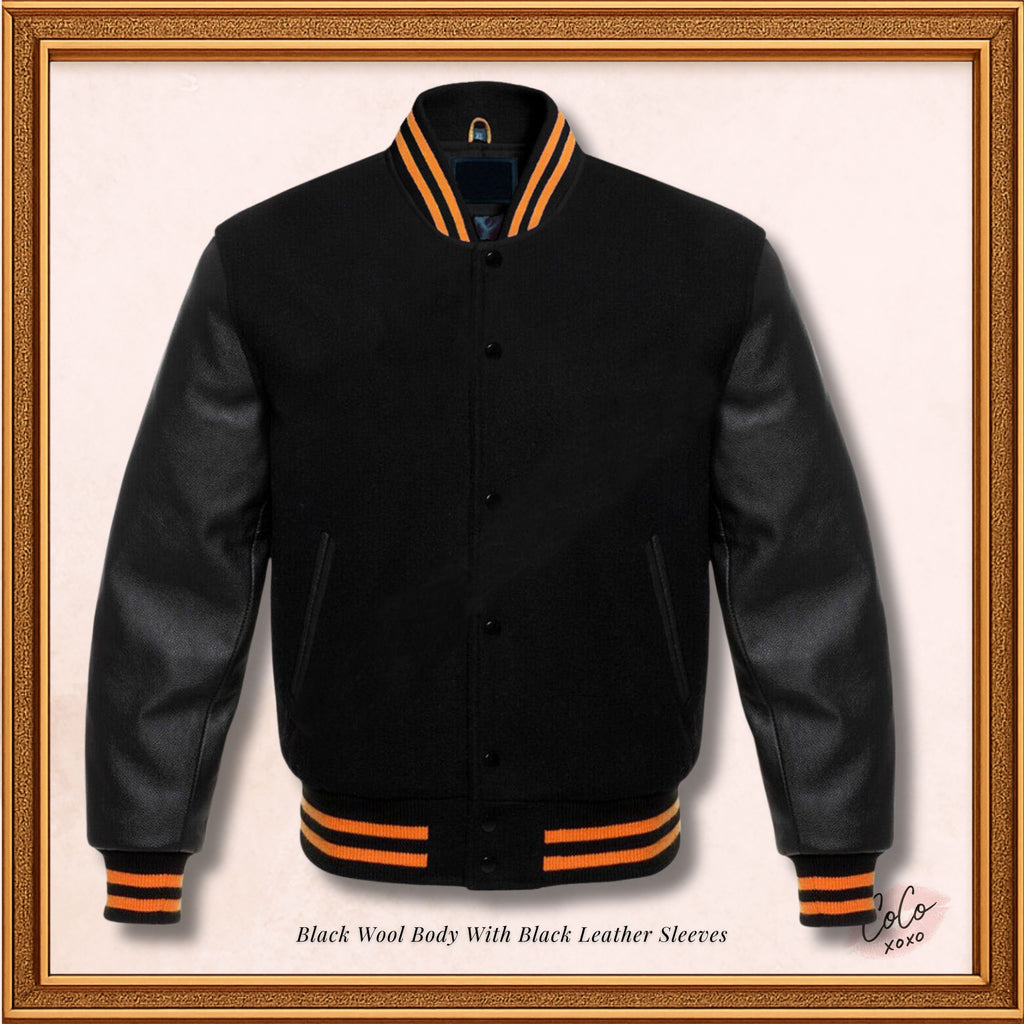 Black Wool and Genuine Black Leather Sleeves Varsity Jacket