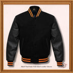Black Wool and Genuine Black Leather Sleeves Varsity Jacket