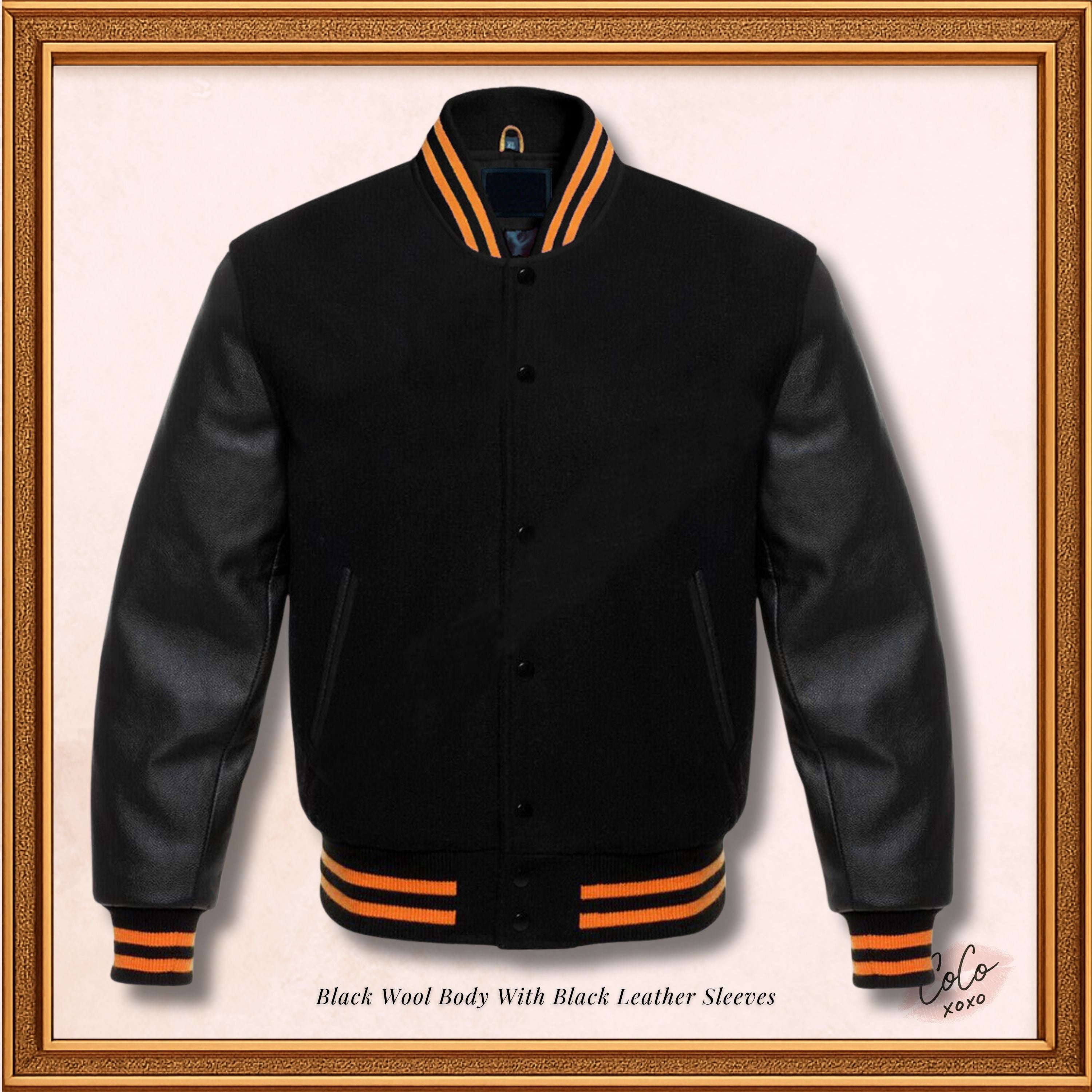 Black Wool and Genuine Black Leather Sleeves Varsity Jacket