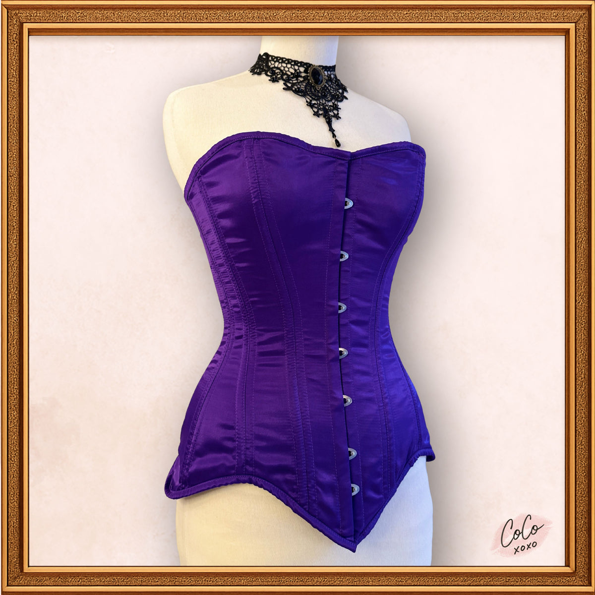 Purple Satin Overbust Steel Boned Corset, a closer look