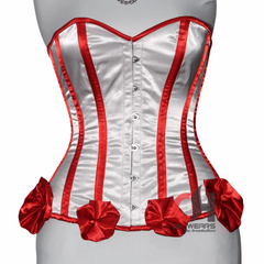 Sexy Hot Women Black Red Satin Overbust Corsets Steel Boned Corsets Satin Overbust Corset White with Red Lace Up Satin Corset