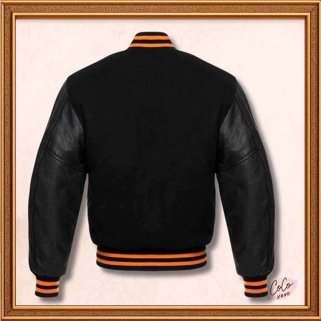 Black Wool and Genuine Black Leather Sleeves Varsity Jacket