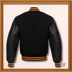 Black Wool and Genuine Black Leather Sleeves Varsity Jacket
