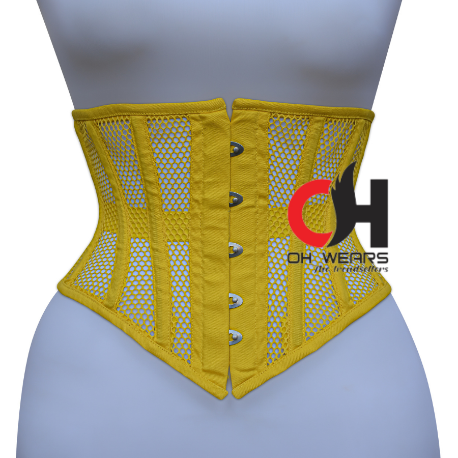 Women Yellow Mesh Underbust Corset Steel Boned Waist Cincher Trainer