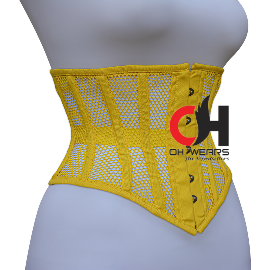 Women Yellow Mesh Underbust Corset Steel Boned Waist Cincher Trainer