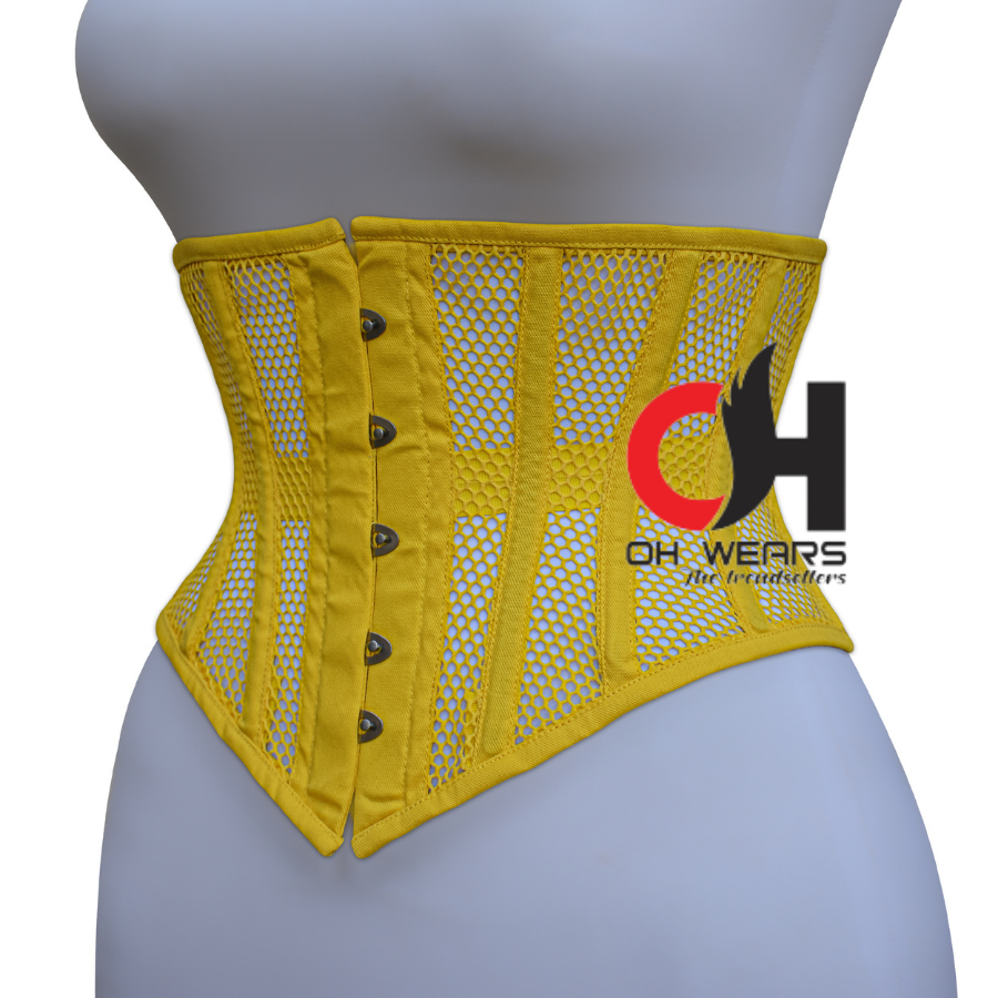 Women Yellow Mesh Underbust Corset Steel Boned Waist Cincher Trainer