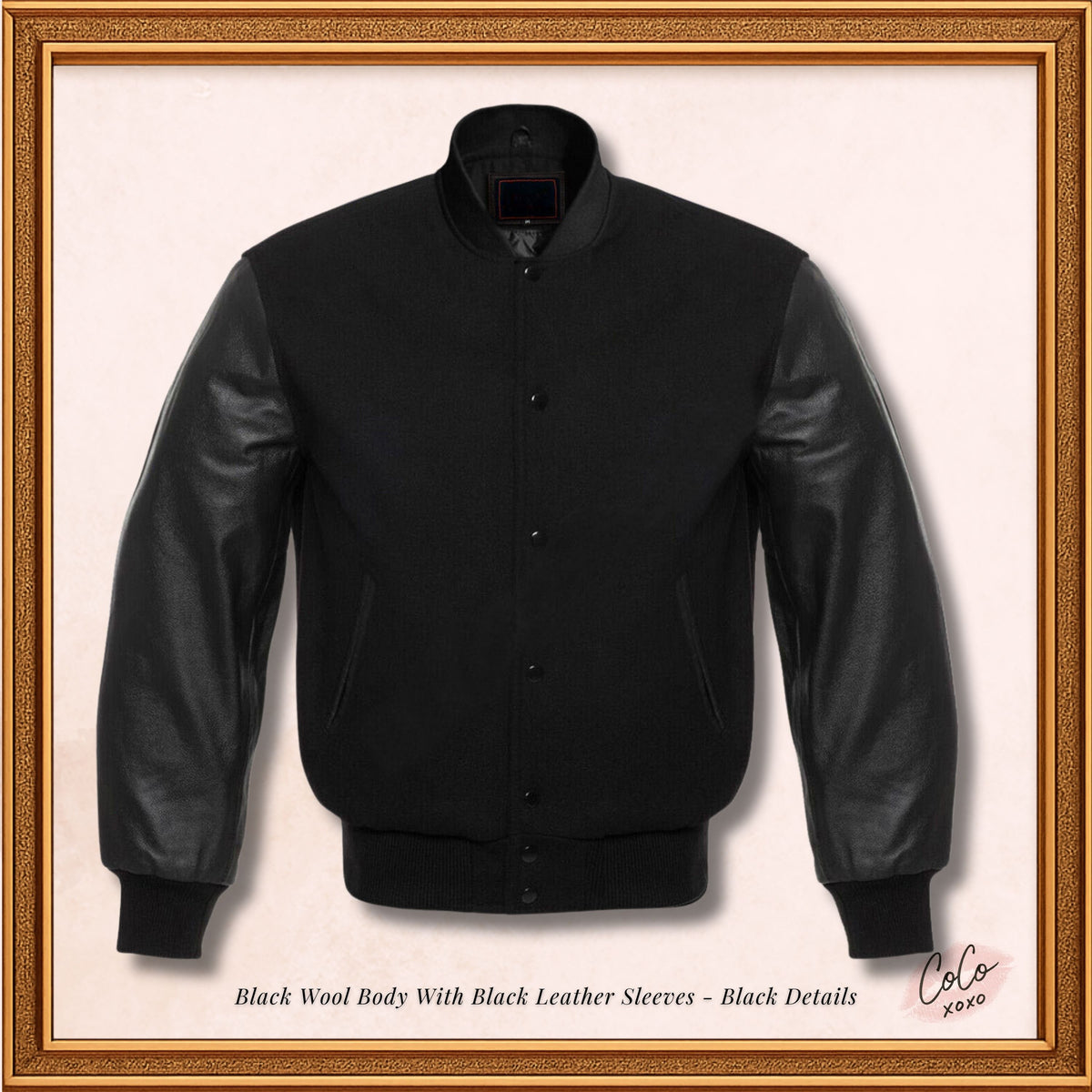 College-Jacke aus schwarzer Wolle und echten schwarzen Lederärmeln 