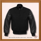 Black Wool and Genuine Black Leather Sleeves Varsity Jacket