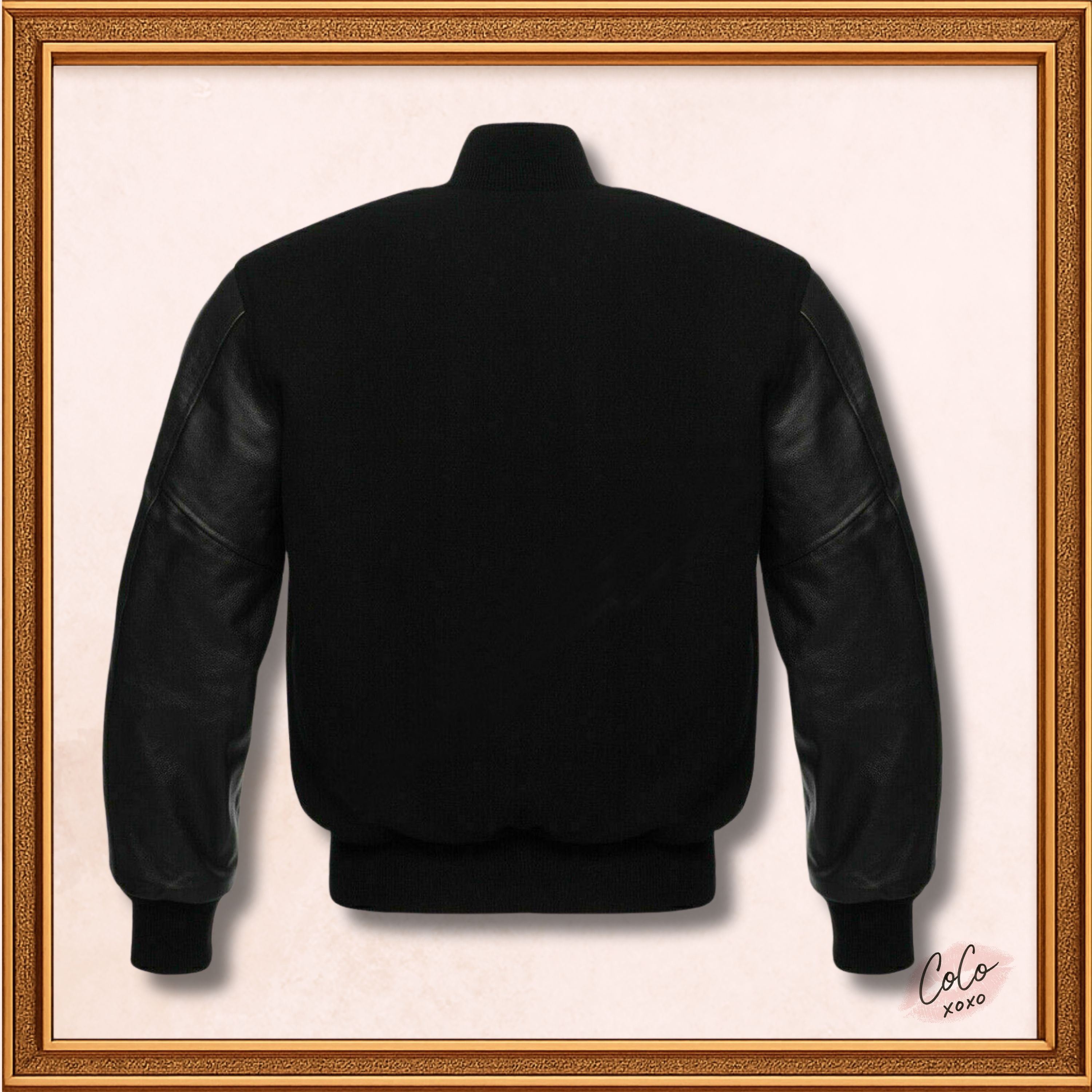 Black Wool and Genuine Black Leather Sleeves Varsity Jacket