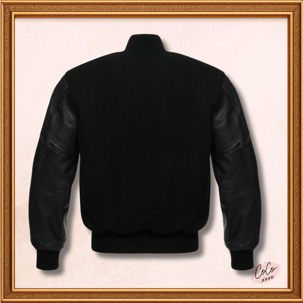 College-Jacke aus schwarzer Wolle und echten schwarzen Lederärmeln 