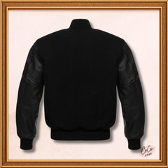 Black Wool and Genuine Black Leather Sleeves Varsity Jacket