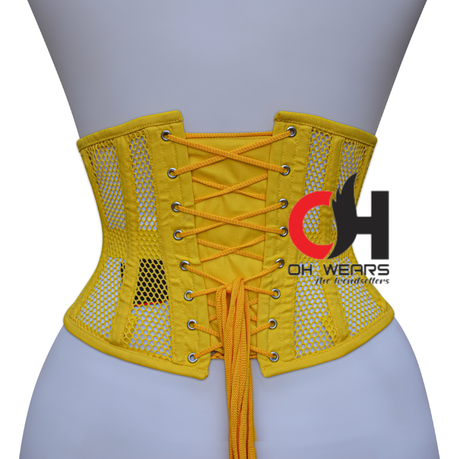 Women Yellow Mesh Underbust Corset Steel Boned Waist Cincher Trainer