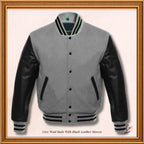 Gray Wool and Genuine Black Leather Sleeves Varsity Jacket