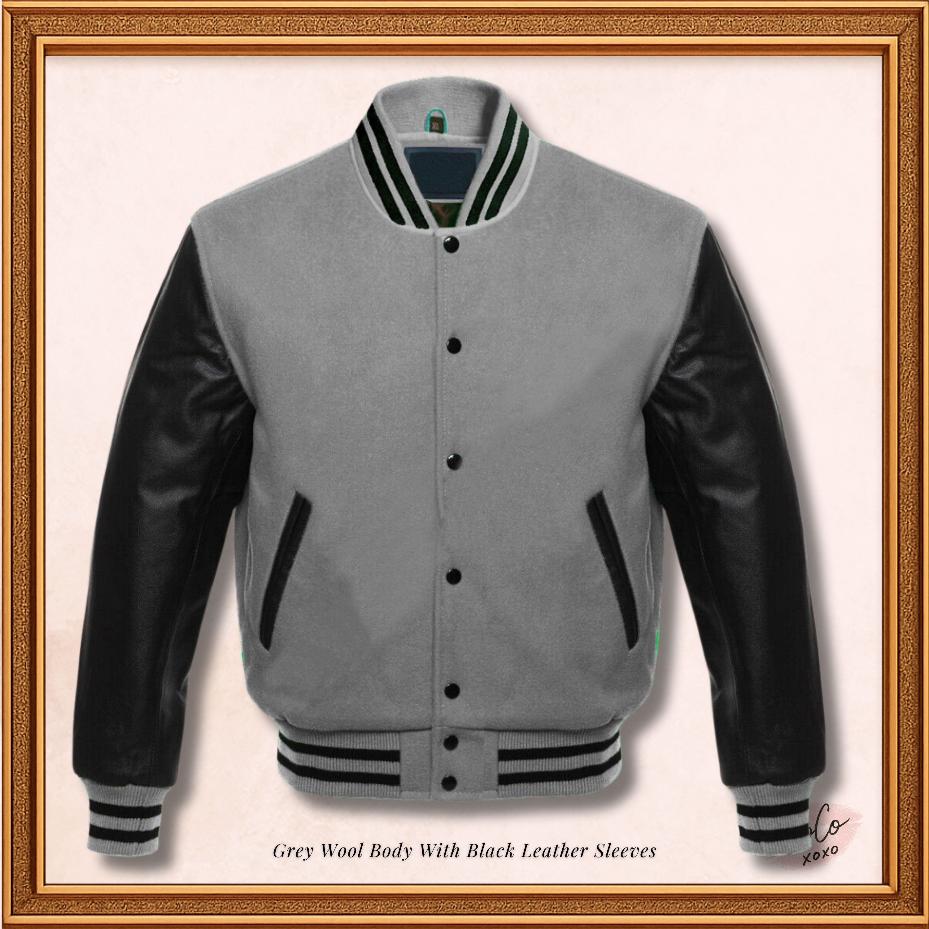 Gray Wool and Genuine Black Leather Sleeves Varsity Jacket