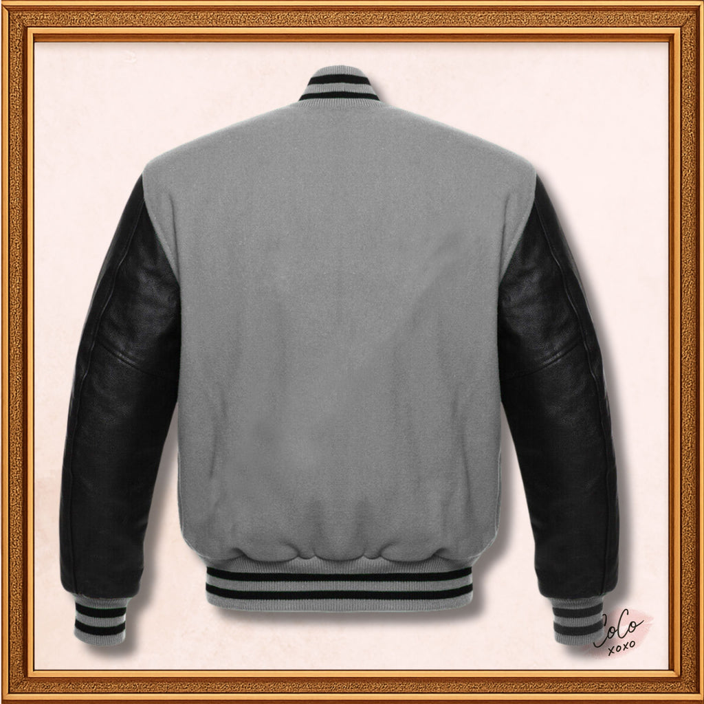 Gray Wool and Genuine Black Leather Sleeves Varsity Jacket