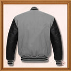 Gray Wool and Genuine Black Leather Sleeves Varsity Jacket