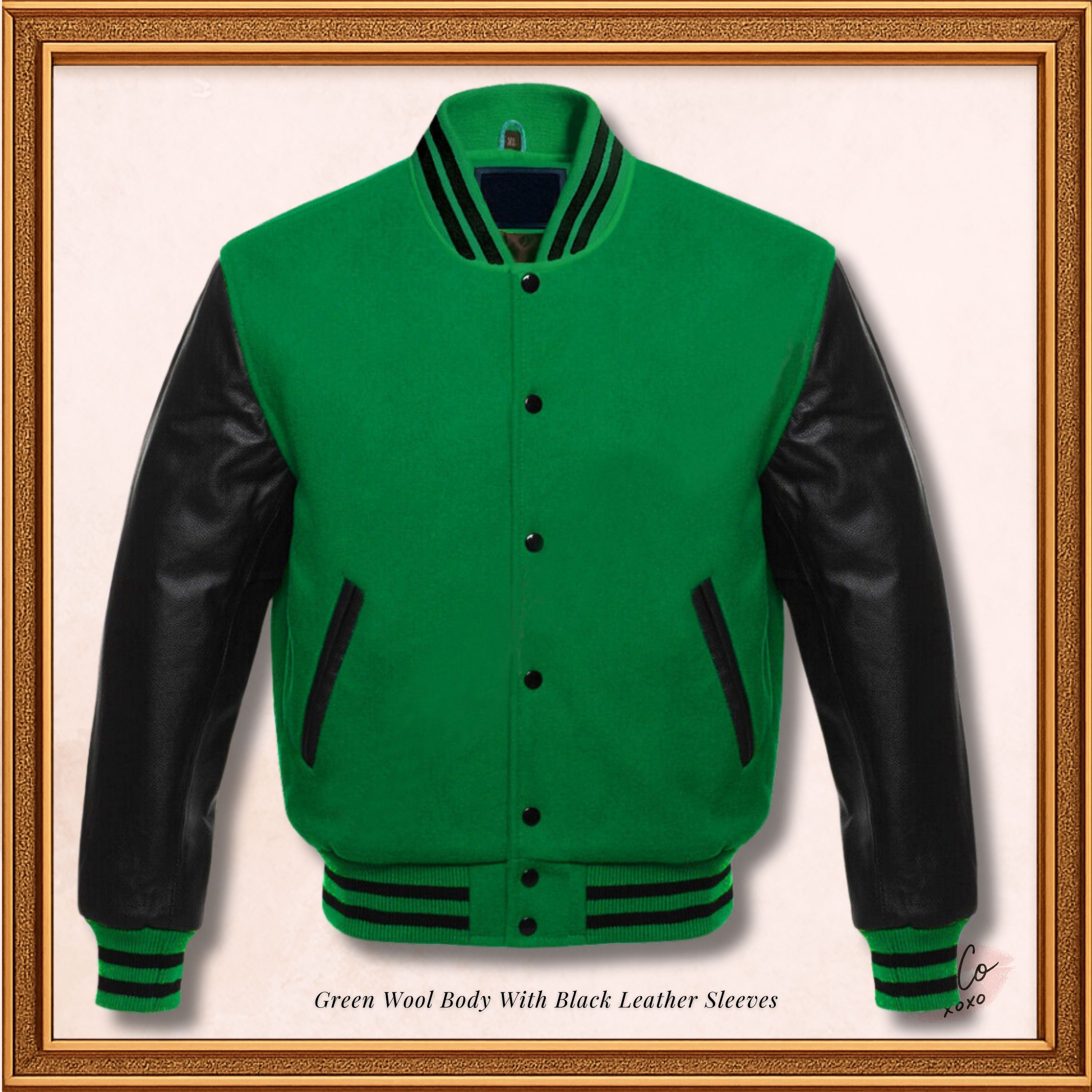 Unisex Green Wool Genuine Black Leather Sleeves Varsity Jacket