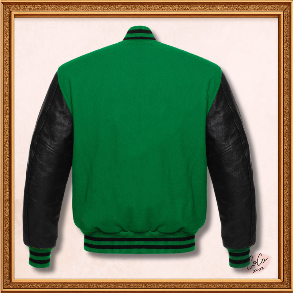 Unisex Green Wool Genuine Black Leather Sleeves Varsity Jacket