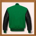 Unisex Green Wool Genuine Black Leather Sleeves Varsity Jacket