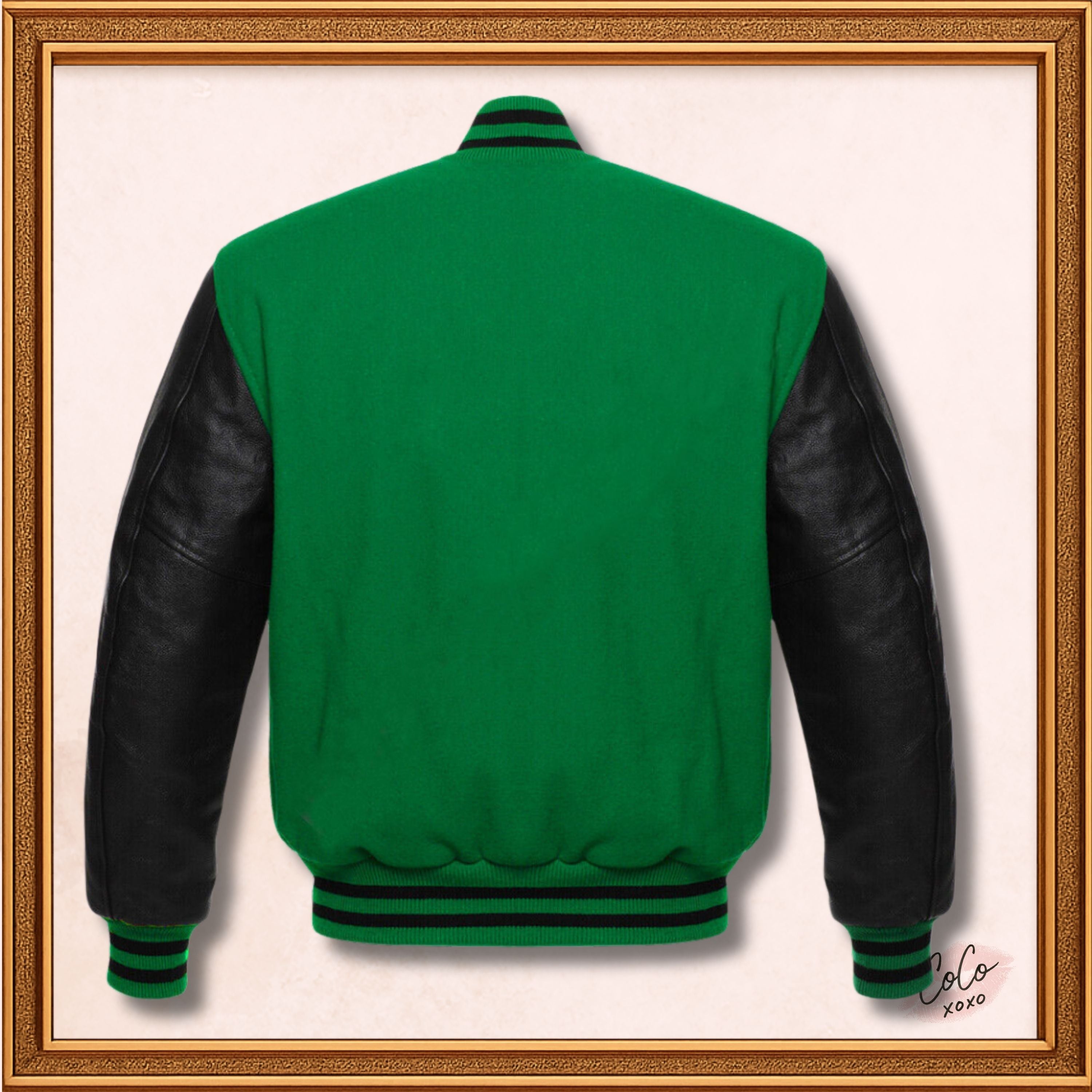 Unisex Green Wool Genuine Black Leather Sleeves Varsity Jacket