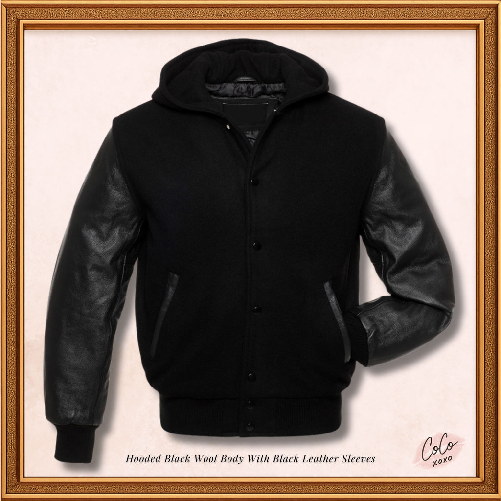 Mens Black on Black Hooded Varsity Jacket Custom Black Embroidery Hoodie Baseball Jacket Mens, Women and Kids
