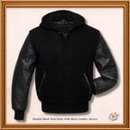 Mens Black on Black Hooded Varsity Jacket Custom Black Embroidery Hoodie Baseball Jacket Mens, Women and Kids