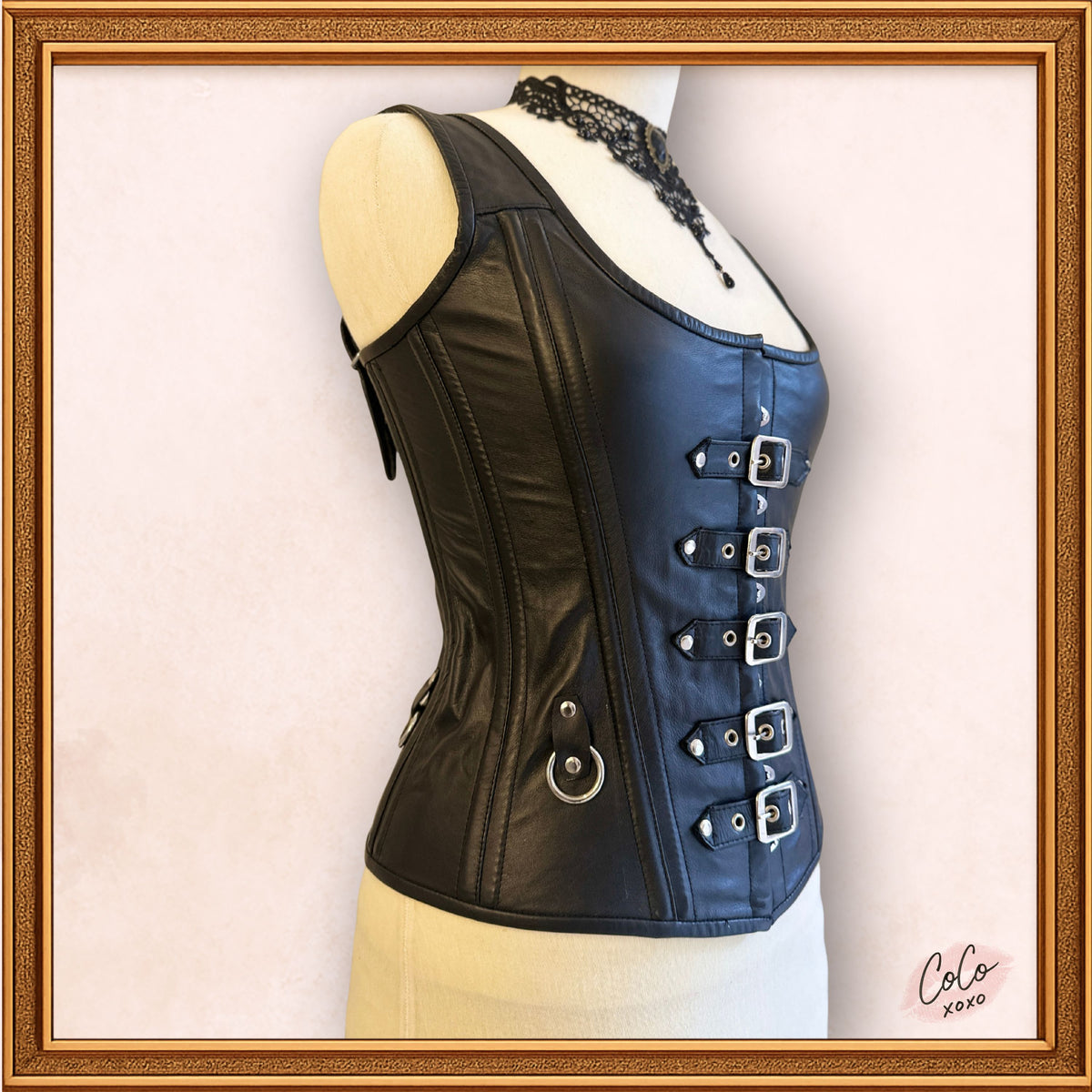 Overbust Black Leather Buckle Outwear Corset with Straps, a closer look