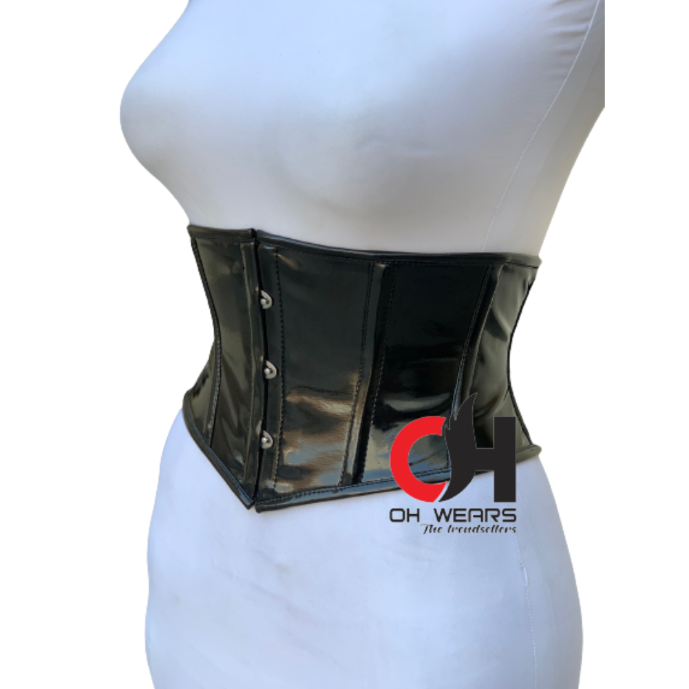 Underbust Black PVC Steel Boned Fashion Corset With Tight Lacing