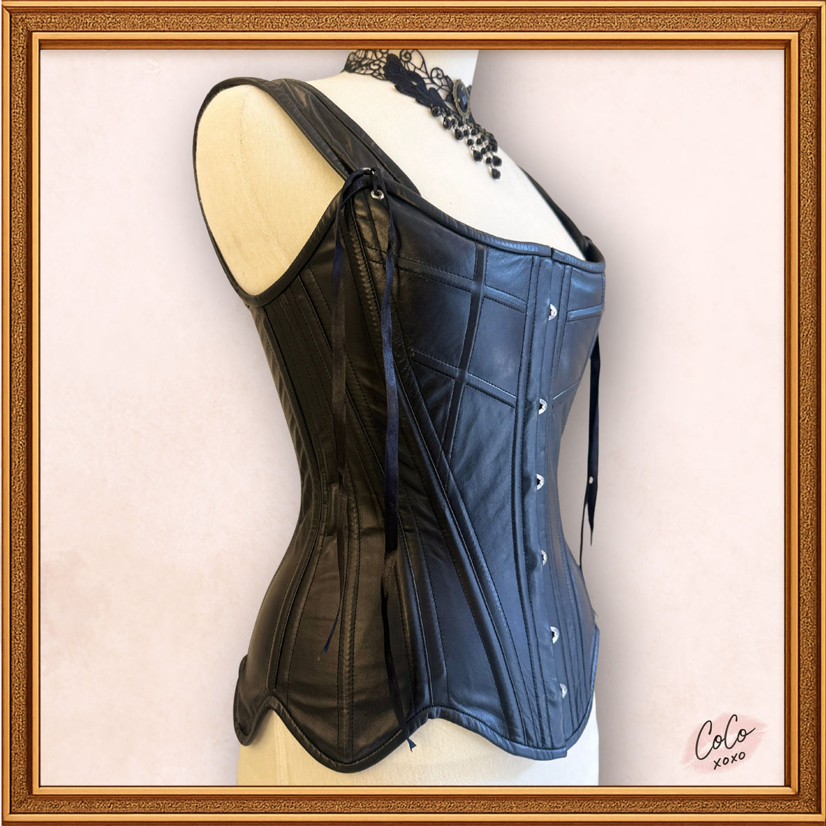 Overbust Black Leather Outwear Corset with Straps, a closer look