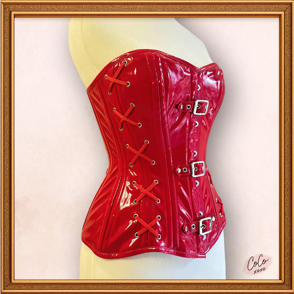 Overbust Shiny Red PVC Buckle Outwear Fashion Corset, a closer look
