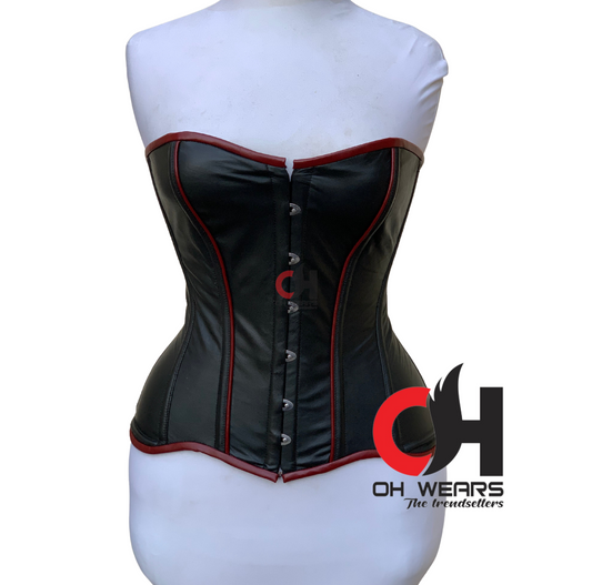 Women Overbust Black Leather Corset Heavy Steel Boned