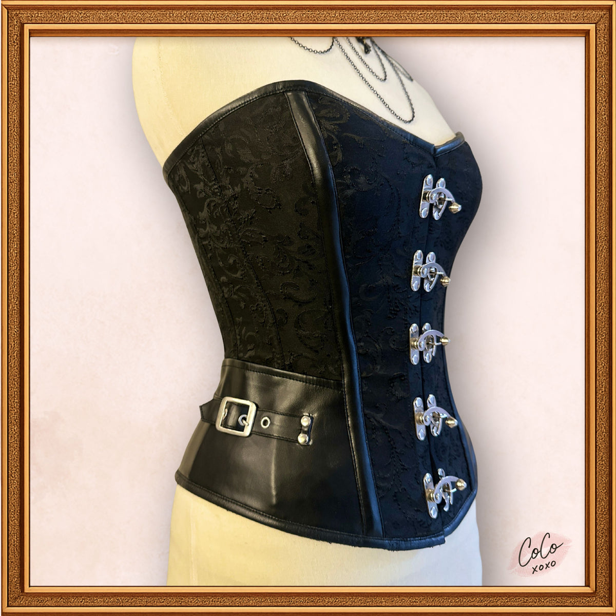 Overbust Black Brocade Leather Waist Cincher Corset, a closer look