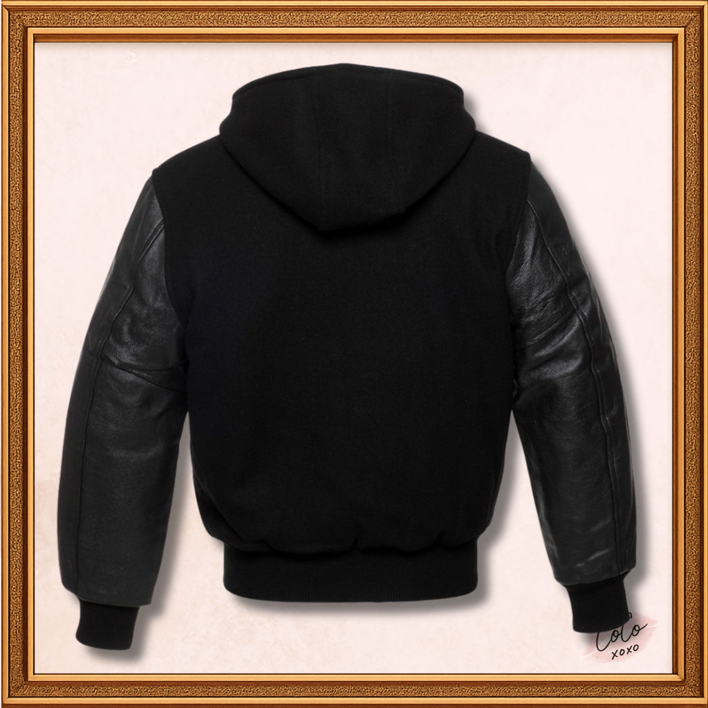 Mens Black on Black Hooded Varsity Jacket Custom Black Embroidery Hoodie Baseball Jacket Mens, Women and Kids