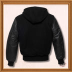 Mens Black on Black Hooded Varsity Jacket Custom Black Embroidery Hoodie Baseball Jacket Mens, Women and Kids