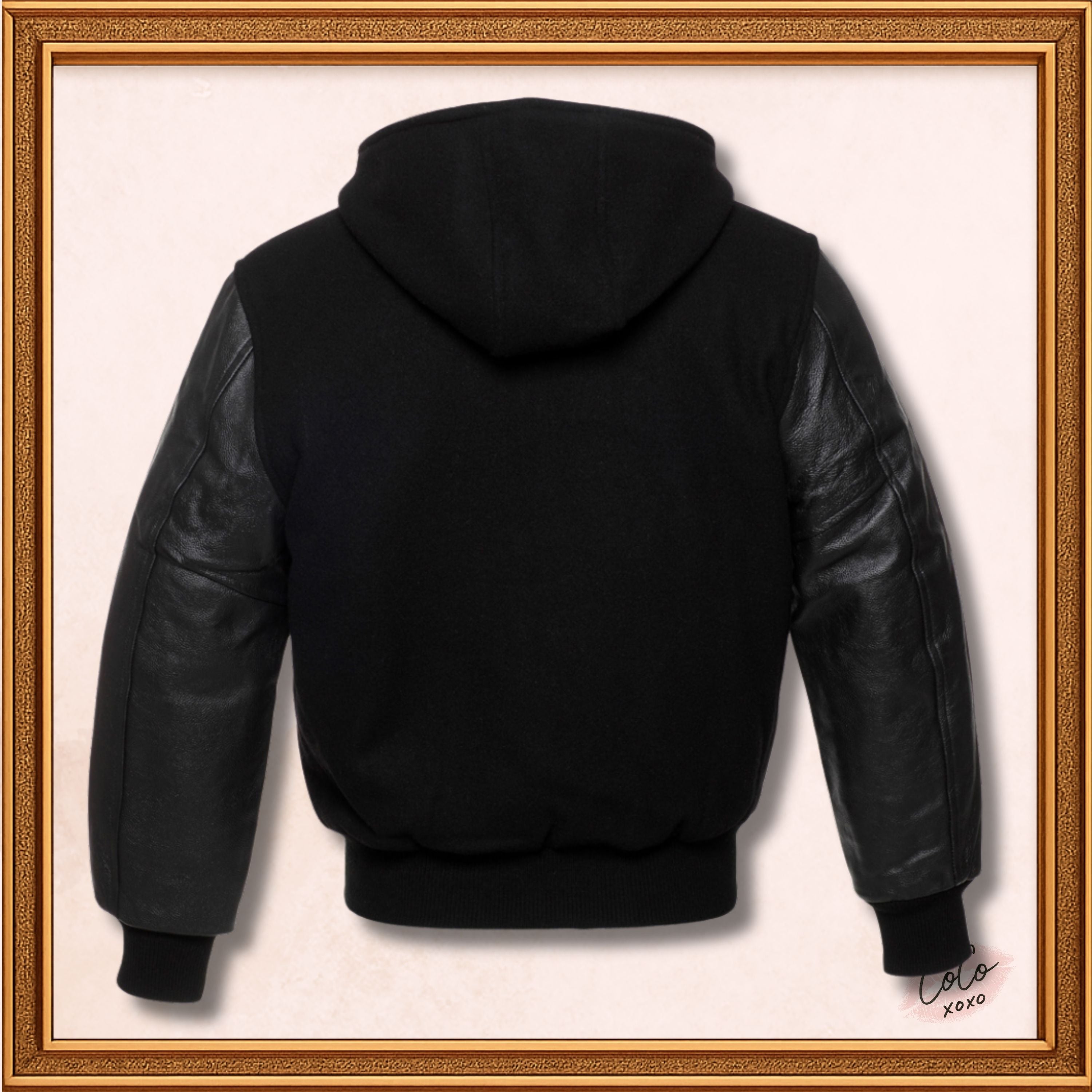 Mens Black on Black Hooded Varsity Jacket Custom Black Embroidery Hoodie Baseball Jacket Mens, Women and Kids