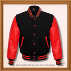 College-Jacke aus schwarzer Wolle und echten roten Lederärmeln 