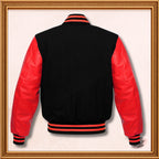 College-Jacke aus schwarzer Wolle und echten roten Lederärmeln 