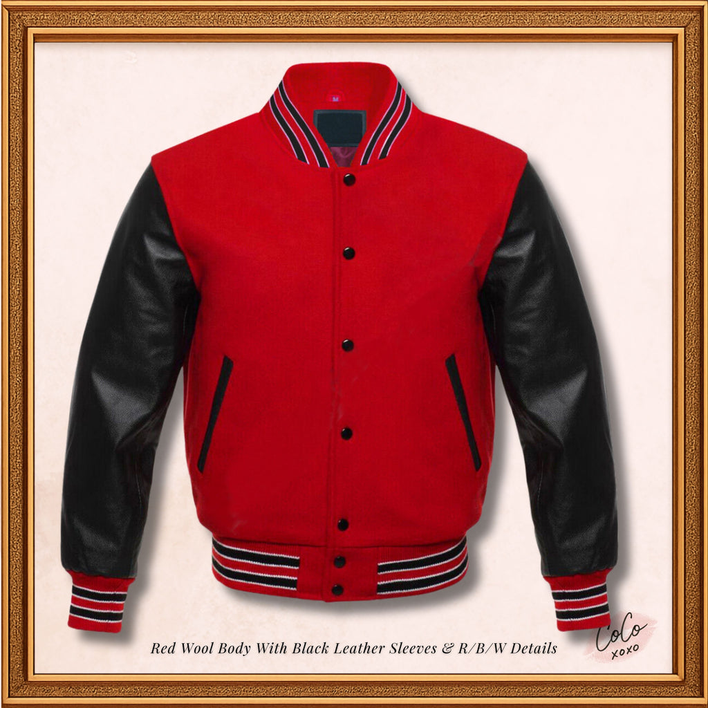 Baseball Bomber Red Wool and Genuine Black Leather Sleeves Varsity Jacket