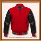 Baseball Bomber Red Wool and Genuine Black Leather Sleeves Varsity Jacket