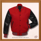 Baseball Bomber Red Wool and Genuine Black Leather Sleeves Varsity Jacket