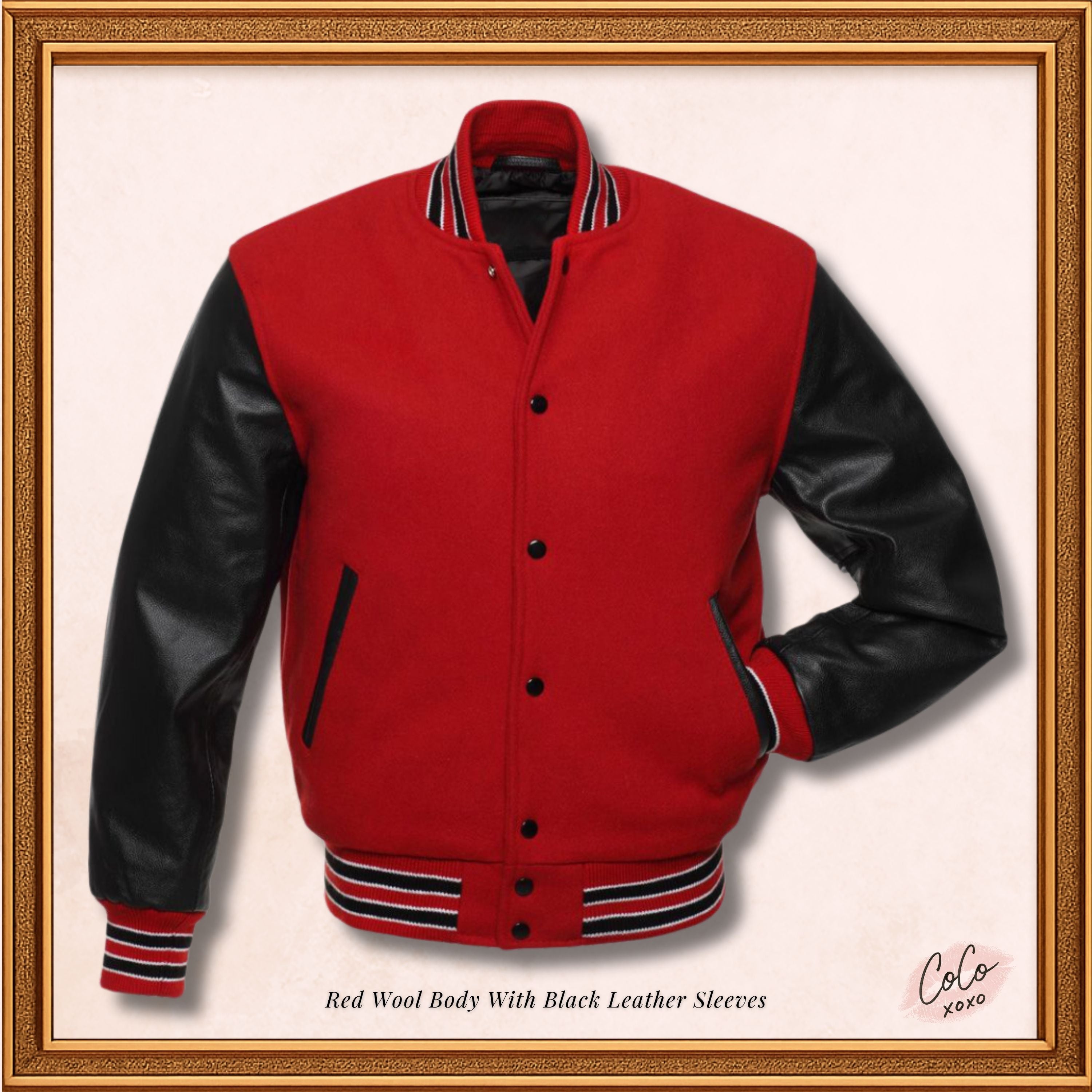 Baseball Bomber Red Wool and Genuine Black Leather Sleeves Varsity Jacket